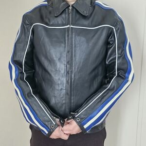 Mens Guide Gear Bomer  Leather Jacket Size Medium Black With White And Blue